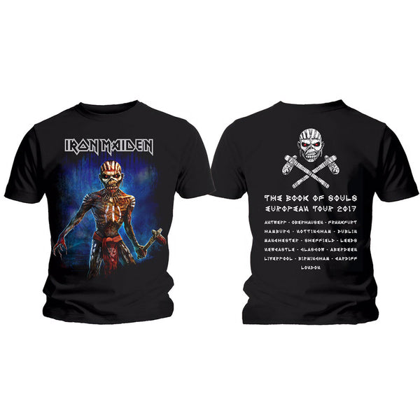 Iron Maiden Mens Tee: Axe Eddie Book of Souls European Tour (Version 2) IMTEE65MB An official licensed men's soft-style cotton tee featuring the Iron Maiden 'Ax Famous Rock Shop Newcastle 2300 NSW Australia