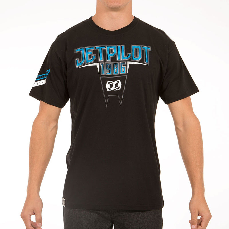 Jetpilot Collective 2S15 Men's Tee Black Blue 2S15643. Fabrication: 175gsm 100% Cotton Three Colour Front Print / Three Colour Sleeve Prints / Three Colour Back Print With Metallic Inks Internal Screen-Printed Label  Famous Rock Shop. 517 Hunter Street Newcastle, 2300 NSW Australia