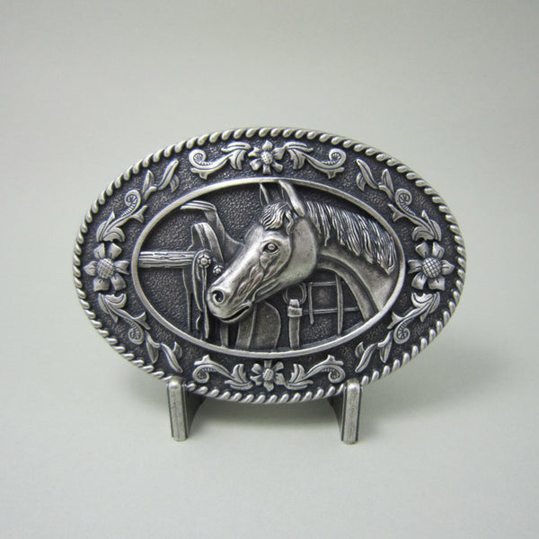 Vintage Silver Plated Horse Head Saddle Western Oval Belt Buckle