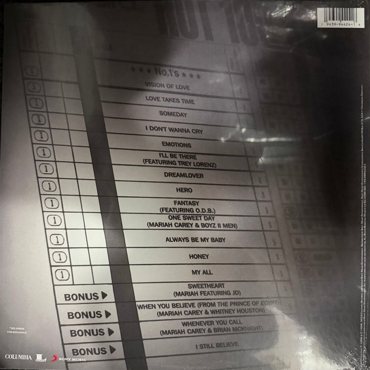 The back cover of a vinyl record sleeve for the song 'No.15' by Mariah Carey, featuring a list of bonus tracks on a black background with white text.
