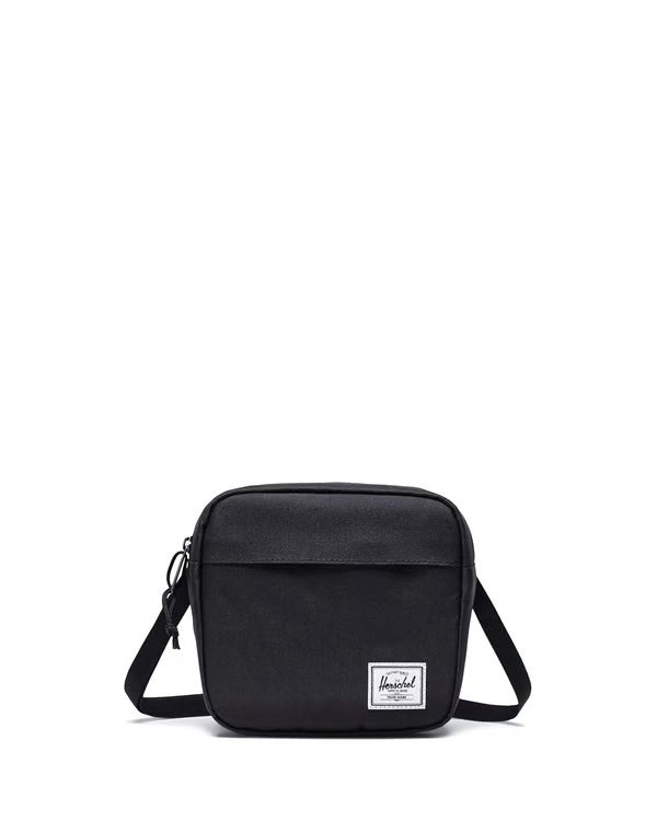 Black crossbody bag with a visible brand logo on a white background