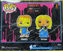 Funko Pop! Movies Chucky and Tiffany 2-pack figure set in its original retail packaging, featuring Chucky and Tiffany in stylized cartoon designs against a black and pink background with pink drips.