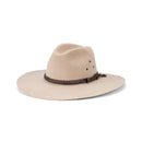 Beige cowboy hat with a braided brown band on a white background