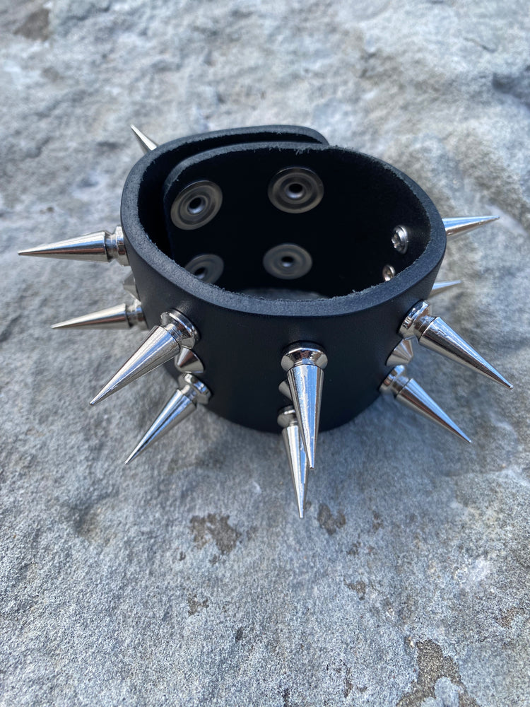Leather Wristband 3 Row Stud & Spike