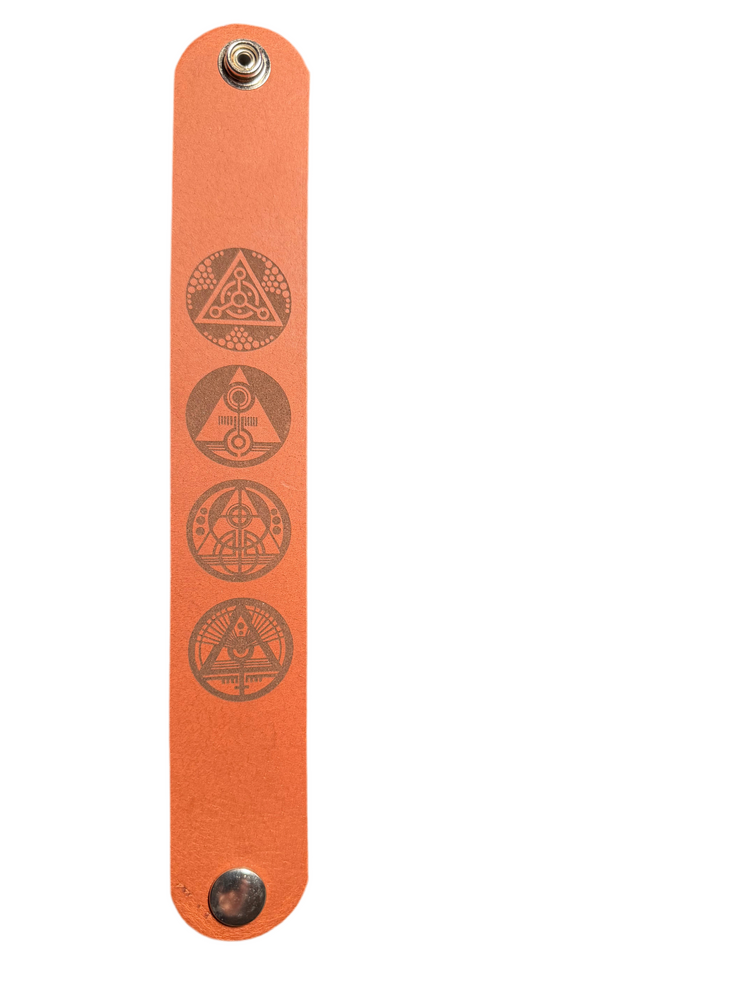 leather Wristband with embossed symbols on a white background