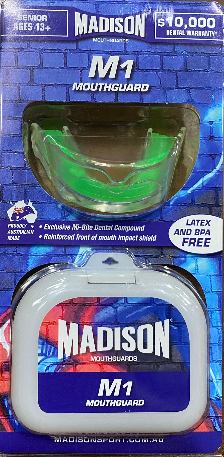 A packaged 'M1 Mouthguard Madison Sport' with a green and clear mouthguard visible through the packaging window, labeled as latex and BPA free with a reinforced impact shield and medical grade co-polymer EVA shell.