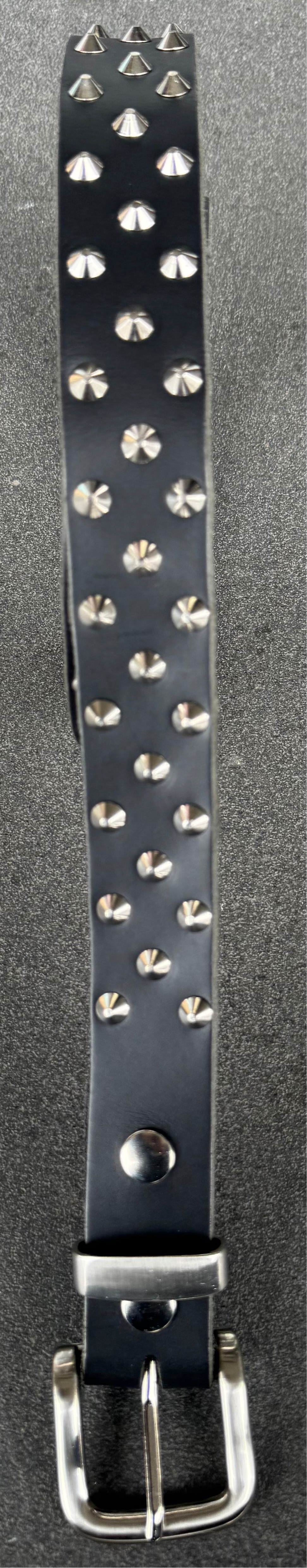 Black leather belt with silver studs on a dark background