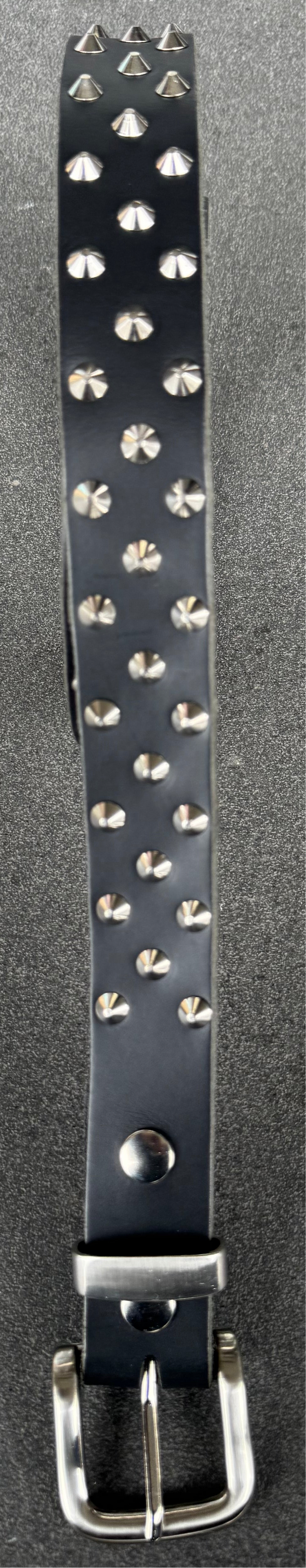 Black leather belt with silver studs on a dark background