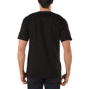 Person wearing a black t-shirt on a white background