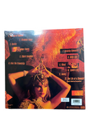 Vinyl record cover with a person in a gold outfit and fiery design