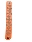 Orange leather strap with embossed patterns on a white background