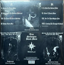The back cover of a True Norwegian Black Metal vinyl record, showing track listings A through F with dark, gothic illustrations and black-and-white imagery on a black background.