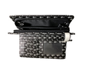 Black makeup bag with white cross pattern on a white background