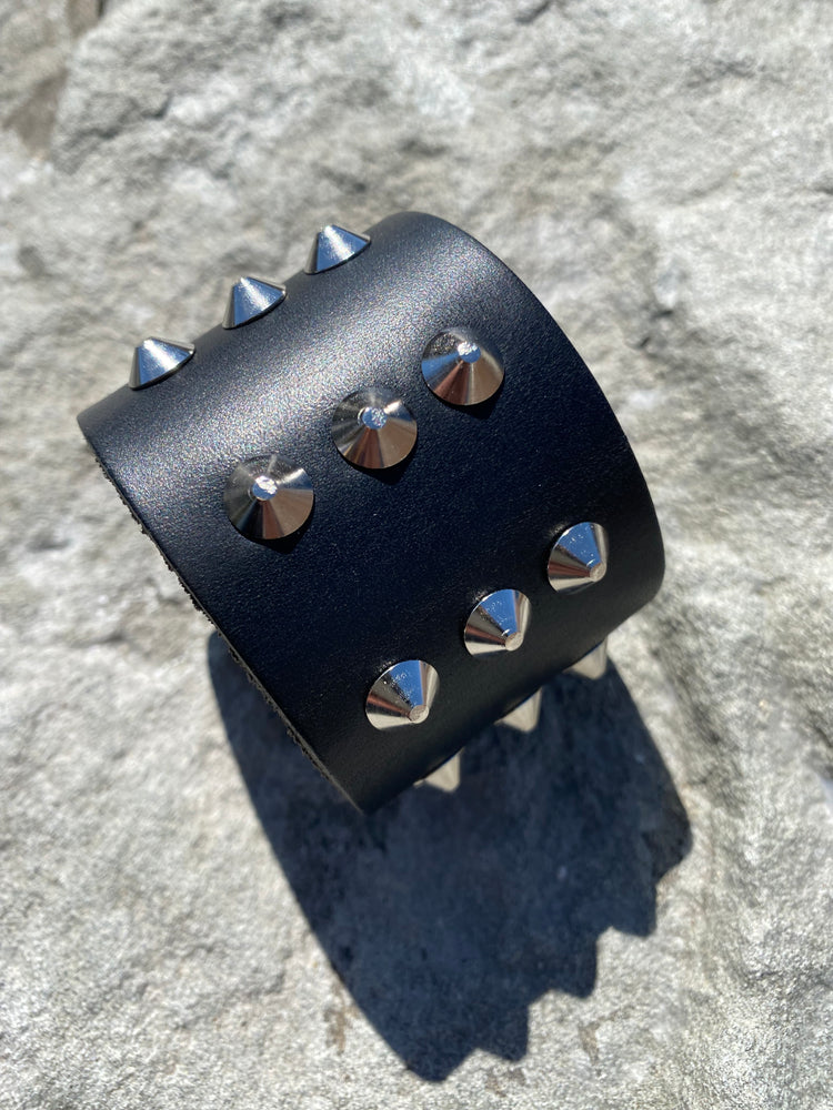 Leather Wristband 3 Row Pyramid Stud