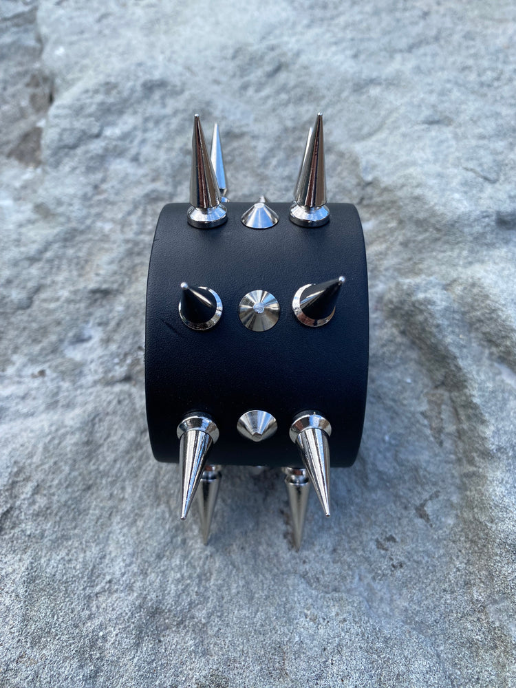 Leather Wristband 3 Row Stud & Spike