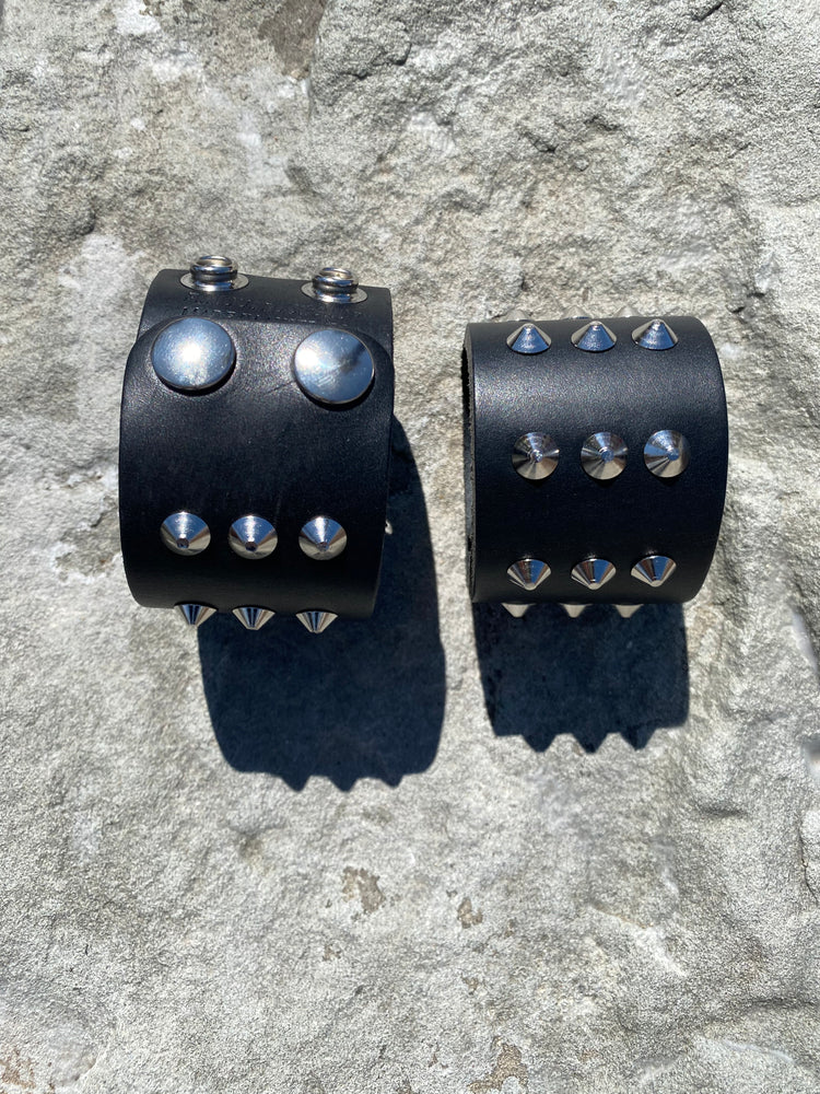 Leather Wristband 3 Row Pyramid Stud