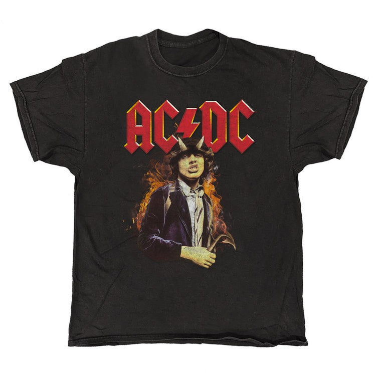 Black t-shirt with AC/DC logo and graphic of a person with horns on a white background
