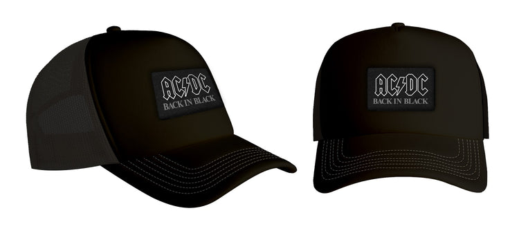 Black trucker hat with AC/DC logo on a white background