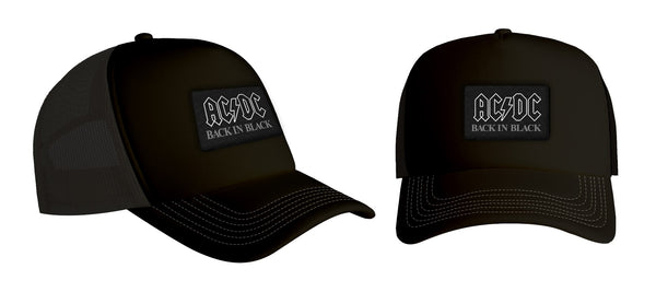 Black trucker hat with AC/DC logo on a white background