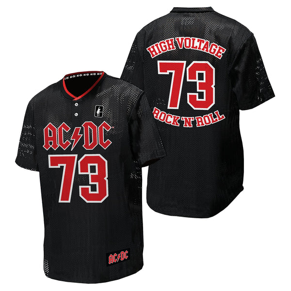 Black baseball jersey with red and white text featuring AC/DC logo and 'High Voltage 73 Rock N' Roll' on a white background.