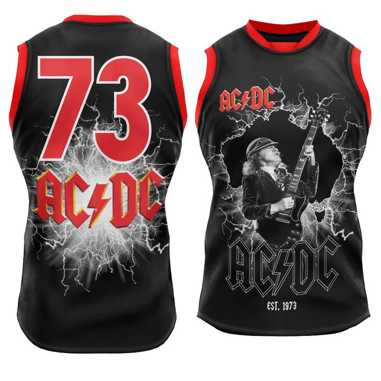 Black sleeveless shirt with red and white AC/DC graphics and design.