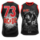 Black sleeveless shirt with red and white AC/DC graphics and design.