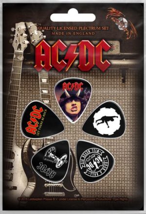 AC/DC guitar pick set packaging with guitar and logo on a dark background
