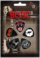 AC/DC guitar pick set packaging with guitar and logo on a dark background