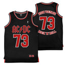Black basketball jersey with AC/DC branding and 'High Voltage Rock 'n' Roll' text.