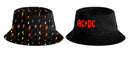 Two bucket hats, one with lightning bolt pattern and AC/DC logo, on a white background.