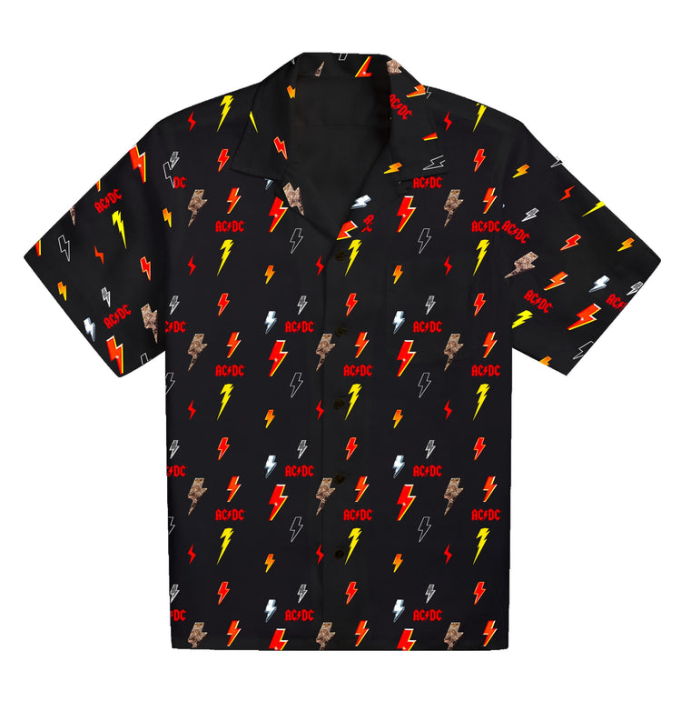 Black shirt with colorful AC/DC logo pattern on a white background