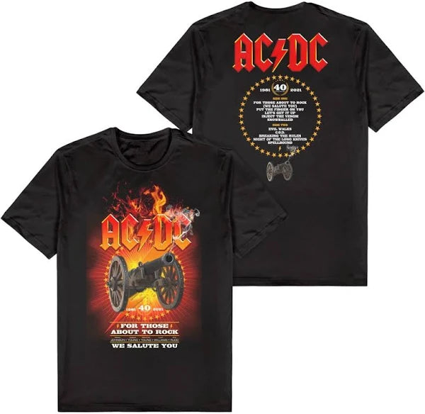 Black t-shirt with AC/DC logo and design on front and back