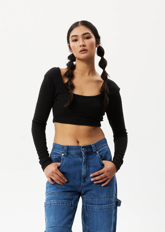 Afends Milla Hemp Ribbed Long Sleeve Cropped Top Black