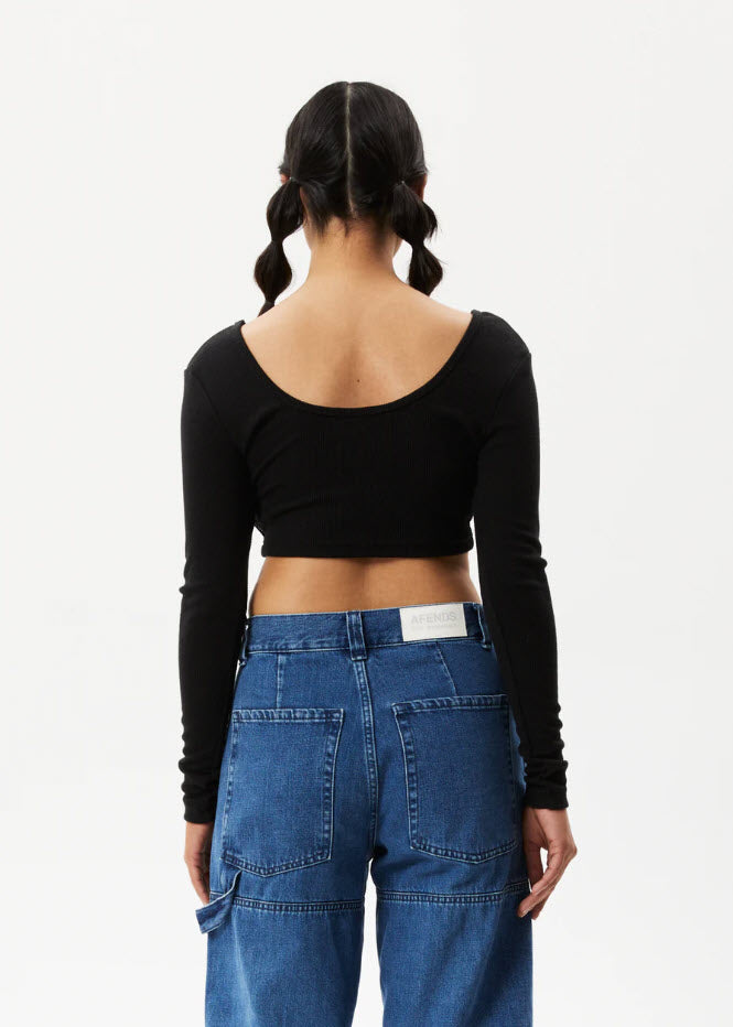 Afends Milla Hemp Ribbed Long Sleeve Cropped Top Black