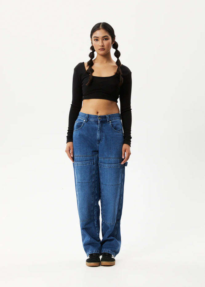 Afends Milla Hemp Ribbed Long Sleeve Cropped Top Black