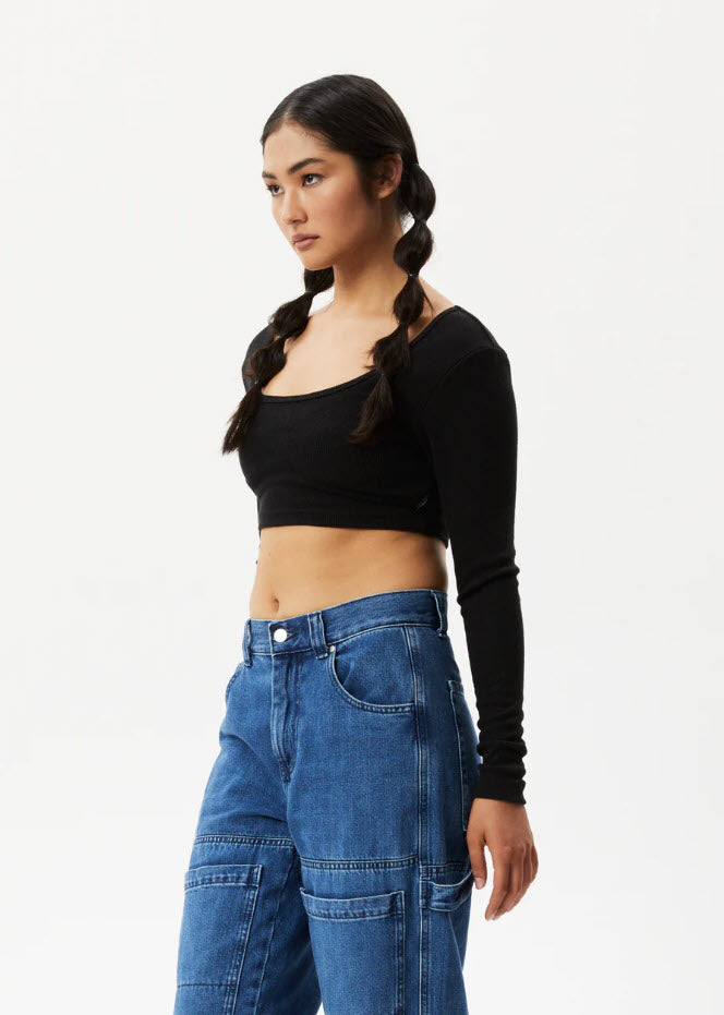 Afends Milla Hemp Ribbed Long Sleeve Cropped Top Black