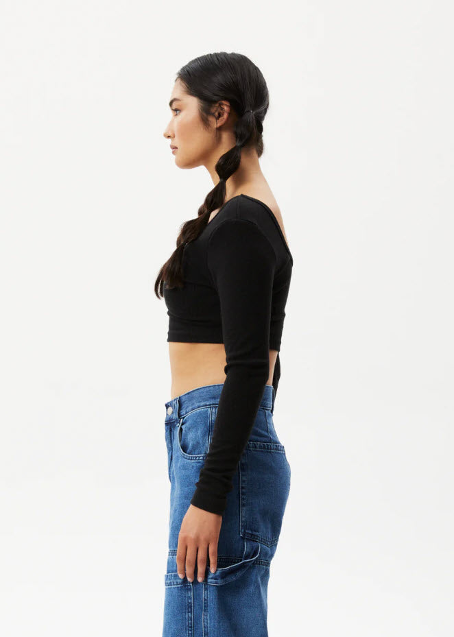 Afends Milla Hemp Ribbed Long Sleeve Cropped Top Black