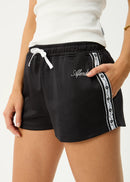 Black shorts with white drawstring and trim on a plain background