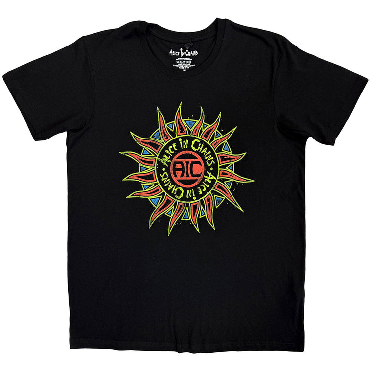 Black t-shirt with colorful sun design and text on a white background