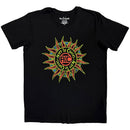 Black t-shirt with colorful sun design and text on a white background