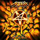 Album cover art for Anthrax's 'Worship Music', featuring a central glowing pentagram symbol surrounded by a swirling mass of fiery orange and yellow demonic faces on a black background.