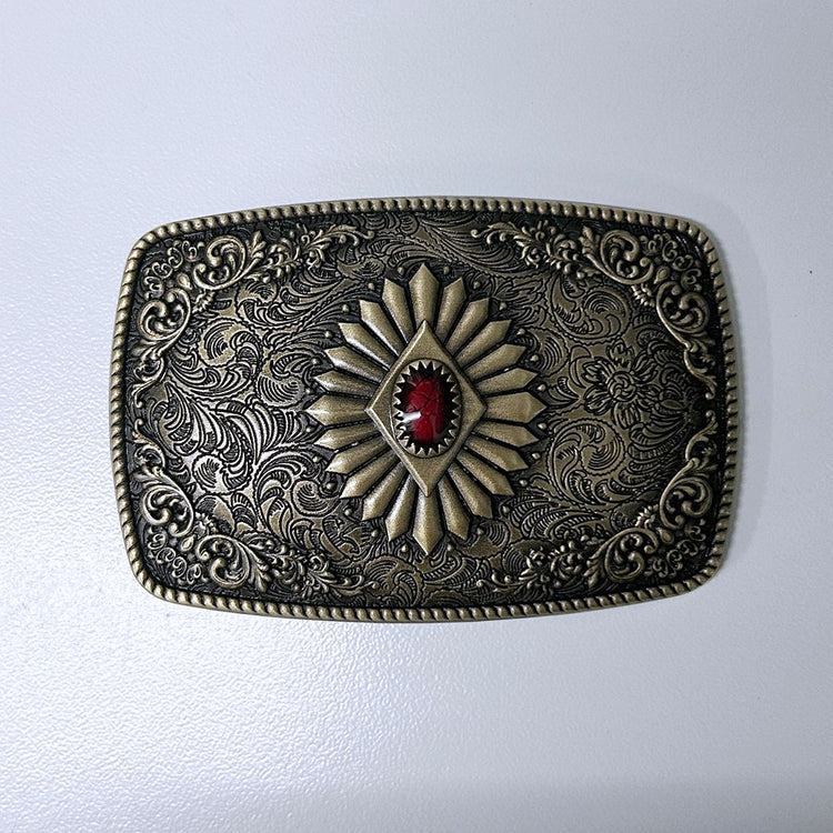 Antique Bronze Plated Southwest Totem Red Enamel Rectangle Belt Buckle
