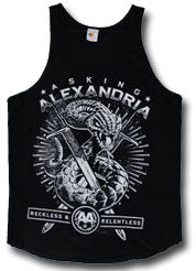 Black tank top with graphic design and text on a plain background