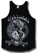 Black tank top with graphic design and text on a plain background