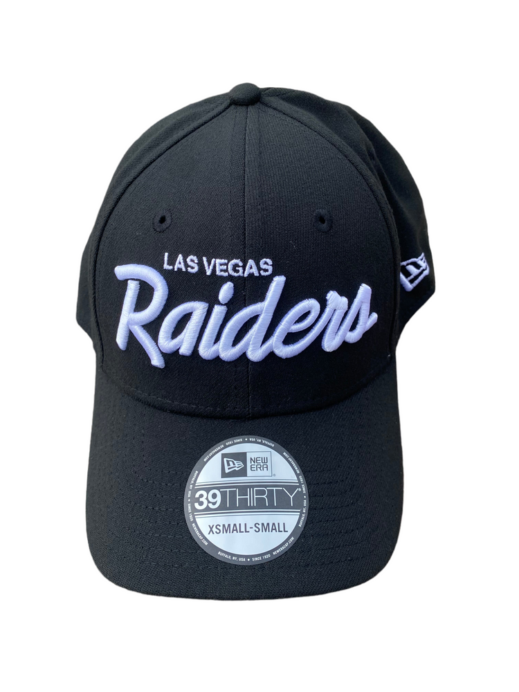 A black Las Vegas Raiders script cap by New Era 3930.