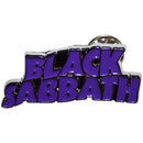 Black Sabbath logo pin with purple text on a white background