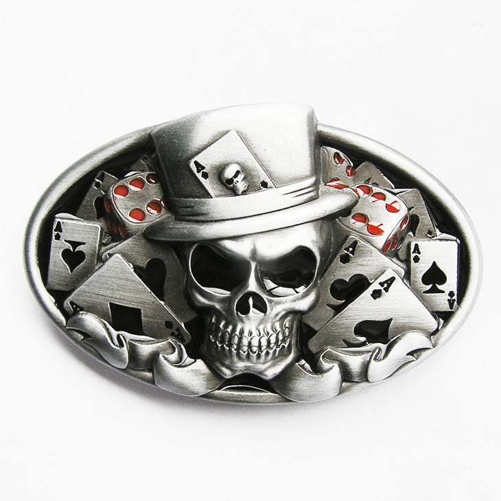 Belt Buckle - Enamel Dice Skull Tattoo Casino Oval Vintage Belt Buckle