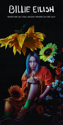 Promotional image for Billie Eilish's album 'When We All Fall Asleep, Where Do We Go?' with a person surrounded by flowers.