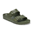 Green sandal with double buckle on a white background