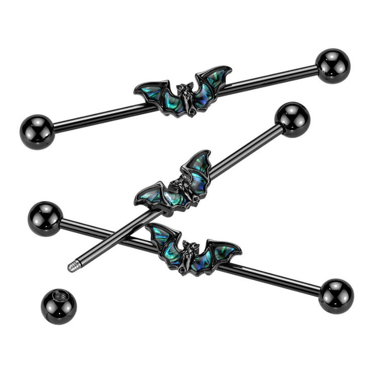 Industrial Barbell With Abalone Winged Bat Black